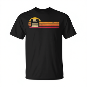 T-shirt rétro style vintage avec silhouette de disquette, coucher de soleil des années 80, T-shirt promotionnel rétro de l'ère des années 80 - Product Image 2