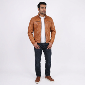 Men's Stylish Rugged Genuine Leather Varsity Jacket Zipper Closure Stand Collar Hooded Dual <b>Chest</b> Pockets Autumn Season Cow Skin - Product Image 1