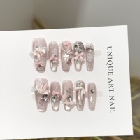 Faux ongles press-on faits main personnalisés rose poudré avec ruban pailleté, faux ongles nœud perlé, pointes en cristal, ensemble Coquette