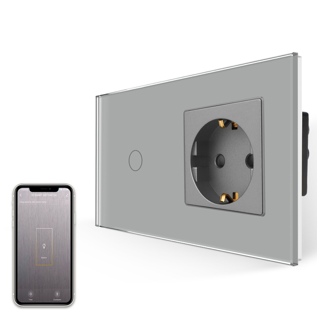 Bingoelec Tuya Smart Crystal Glass Panel 1 Gang 1 Way Wifi Wall Touch Light Switch and Power Socket for Home Improvement