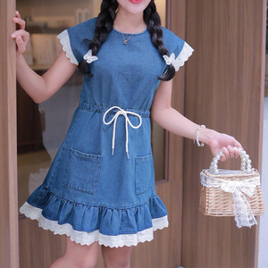 Abito Estivo Casual da <span class=keywords><strong>Donna</strong></span> <span class=keywords><strong>in</strong></span> Denim con Orlo Arricciato e Bottoni, Collo Tondo, Lunghezza Midi, Stile <span class=keywords><strong>Jeans</strong></span> Semplice e alla Moda - Product Image 1