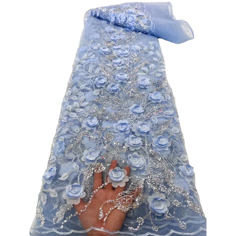 Di lusso nigeria di lusso di alta qualità tulle da sposa in rilievo tessuto di perle di pizzo flora paillettes glitter maglia ricamato rete di usura tessuto