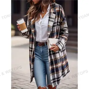 맞춤 의류 제조 업체 숙녀 겨울 외투 코트 격자 무늬 프린트 긴 블레이저 재킷 여성용