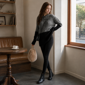 Fashion Color Block <b>Cable</b> Knit <b>Midi</b> Dress Gray Black Spliced Full Long Sleeve Stand Collar Breathable Standard Thickness Casual - Product Image 5