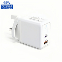 Mini Cargador GaN de 65W con Enchufe Estándar del Reino Unido, Múltiples Puertos, Alta Potencia, Carga Rápida, Adaptador para Teléfonos Inteligentes y Portátiles, Venta al Por Mayor