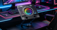 Support pour ordinateur portable en alliage d'aluminium, support rotatif pour tablette à hauteur réglable avec ventilateur de refroidissement, support pour ordinateur portable avec lumière LED pour le bureau et la maison