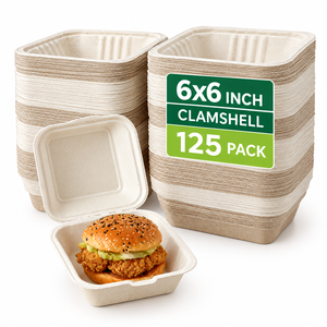 Boîtes à emporter pour burgers en bagasse avec couvercle verrouillable, résistantes à l'huile et à l'eau, design à clapet, emballage jetable pour sandwichs 155x152x78mm - Product Image 1