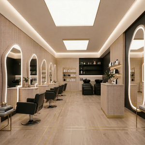 Conception moderne de poste de travail pour salon de coiffure |   Ensemble de miroir de table de barbier personnalisé, matériaux écologiques, éclairage LED |   Fournisseur d'usine pour salons - Product Image 1