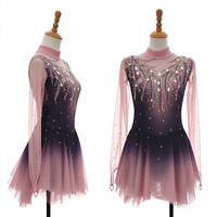 Robe de patinage et de danse pour enfants et adultes, dégradé noir et rose, col montant, manches longues en maille, dos orné de feuilles en strass, pour compétition et spectacle de patinage artistique