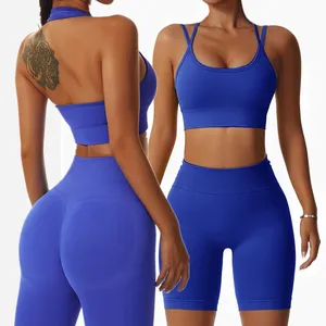 Pakaian Yoga Mulus Bra Olahraga untuk Wanita Pelatihan Jogging Memakai Legging Pakaian Kebugaran Gym Yoga Celana Pendek Set Crop Top Pakaian Olahraga