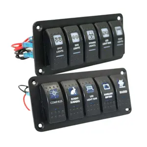 Panel de interruptor basculante de encendido y apagado de aluminio, LED azul para barco, RV, camión, 12V a 24V, impreso o láser, 5 entradas