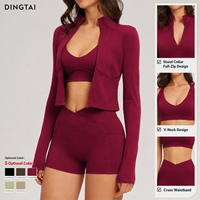Ensemble de yoga 3 pièces pour femme : Veste zippée, soutien-gorge de sport à col en V profond, short de cyclisme taille haute croisée avec trous pour les pouces et poches latérales, idéal pour la course à pied