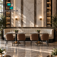 Ensemble de sièges de restaurant personnalisables en cuir crème, cuir marron, table à manger en marbre, chaises de restaurant, fabricant OEM Chine