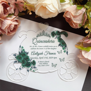 Invitations en acrylique pour Quinceañera, thème Citrouille Bleu Clair, style Cendrillon, avec fleur et <span class=keywords><strong>couronne</strong></span>, pour événements élégants et Bat Mitzvah - Product Image 4