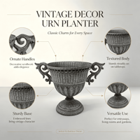 Pot de fleurs vintage en fer de style manoir français avec doubles poignées, rainures verticales et base surélevée pour aménagement paysager et plantation de verdure