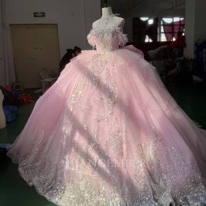 Vestidos de Quinceañera Modernos Rosa Claro, Vestido de Noche de Organza Rosa con Encaje y Perlas, Vestido de 16 Años con Cola de Capilla y Manga Larga - Product Image 6