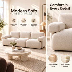 Canapé 3 places contemporain en tissu crème avec coussins de dossier arrondis, accoudoirs à profil bas et assise moelleuse pour salon - Product Image 5