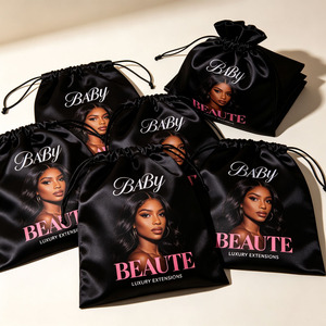 Custom Logo Luxury Black Satin Hair <b>Bag</b> Silk Drawstring Packaging Pouch For Wigs Hair Bundles Salon Supplies - Product Image 6