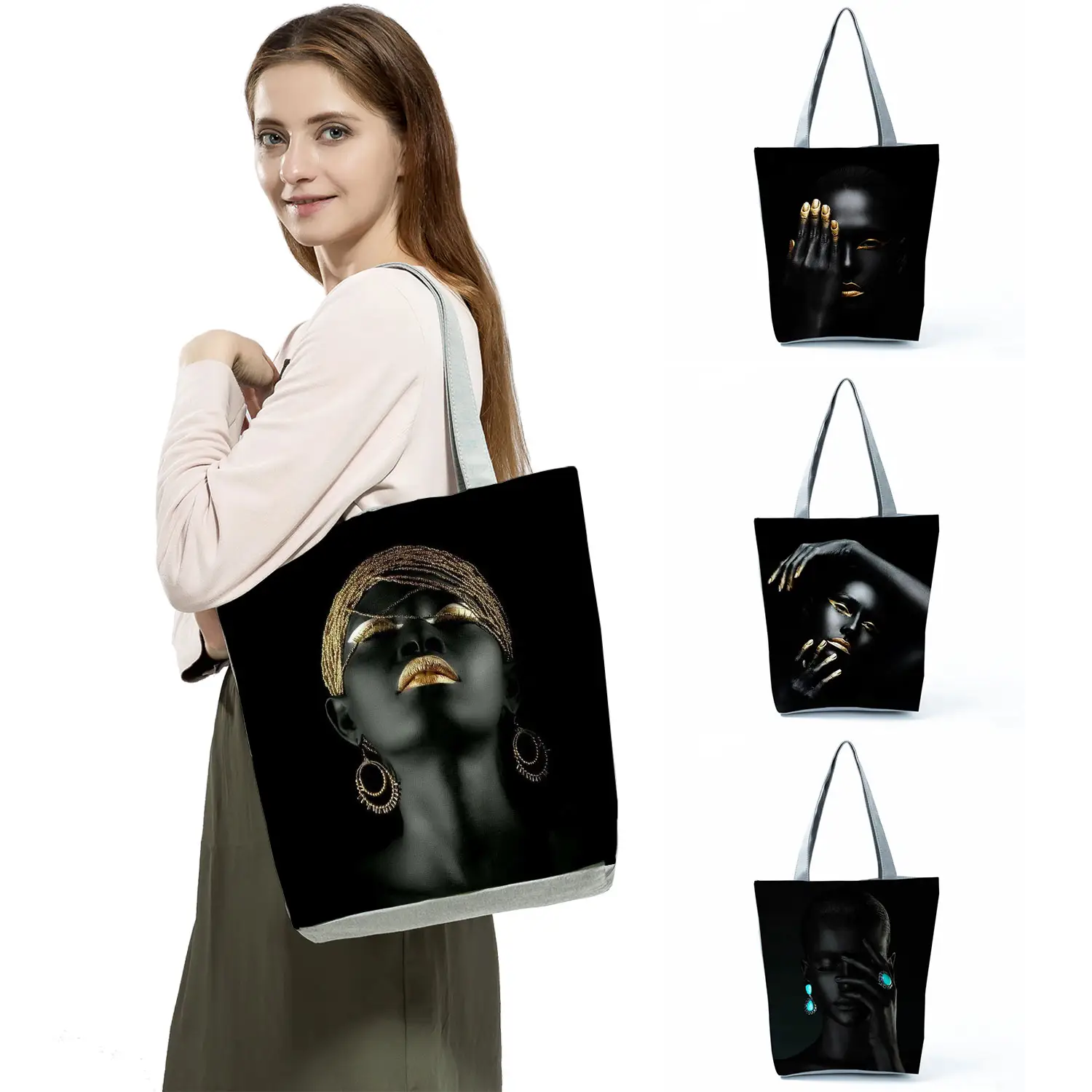 African Art Gold And Silver Woman Printed Handbags High Capacity Tote Bags Foldable Shopping Bag Print Light Shoulder Bag Female