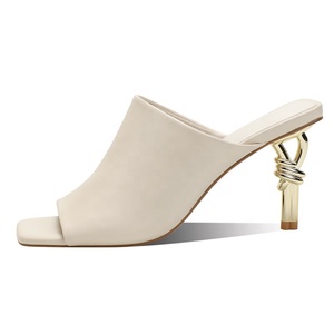 Mules élégantes et sexy pour femmes à bout carré ouvert, talon noué, antidérapantes, style minimaliste, avec talon artistique doré - Product Image 5