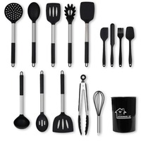 Ustensiles de cuisine 15 pièces en silicone avec support, spatule fendue, cuillère, spatule, pince, fouet, brosse pour ustensiles de cuisine