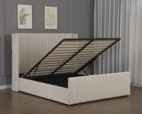 Lit à sommier tapissier moderne King/Queen, rembourrage en tissu capitonné, cadre en bois, éclairage LED, rangement, design personnalisable pour usage commercial