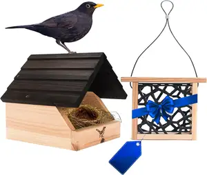 بيت الطيور السوداء - طقم تغذية كيك إضافي - خشب الأرز بنمط ريفي - يدوم طويلاً في الطقس - منزل طيور تقليدي