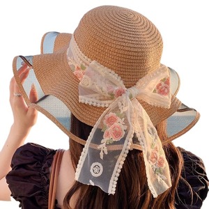 Chapeau de ruban de fleur d'été pour femmes avec style rayé en gros paille et fourrure à grand bord pour les vacances en bord de mer et dentelle douce - Product Image 5