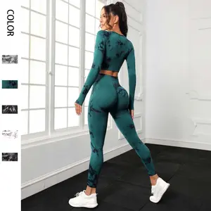 Hot New femmes sans couture cravate teinture fitness exercice à manches longues taille haute pantalon serré ensemble de yoga