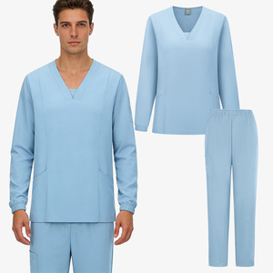 Men's <b>Scrub</b> Suit Long Sleeve V Neck Split Set Moisture Wicking Hospital Uniform <b>Blue</b> Medical Workwear - Product Image 1