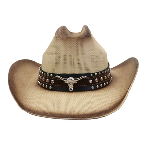 Chất Lượng Cao Mát Texas Phong Cách Giấy Rơm Bán Buôn Người Đàn Ông Của Rộng Mũ Mặt Trời Cao Bồi Mũ Với Cổ Điển Đầu Bò Ban Nhạc Kim Loại - Product Image 2