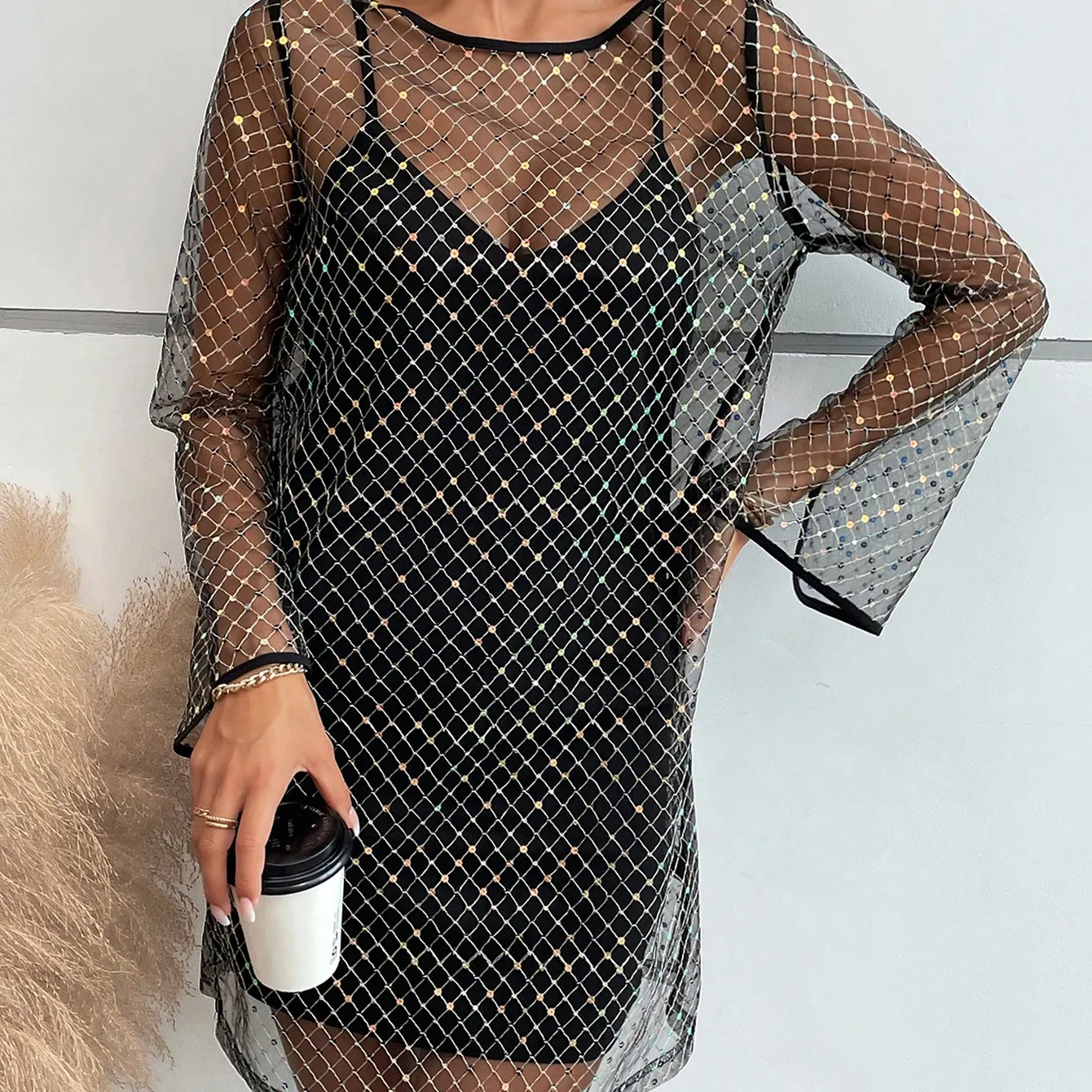 Hot Sale New Arrivals Pearls Beaded Rhinestone Detail Sheer Mesh Cover Up Club Dress Mesh Long Sleeve Cami Dress