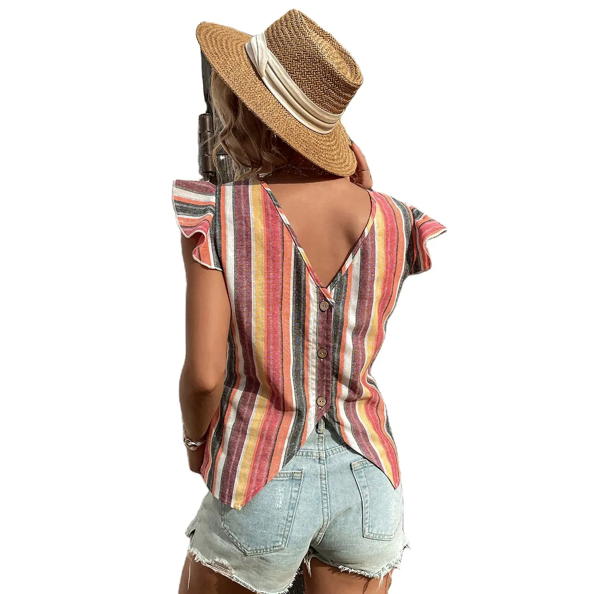Mulu Vertical Stripe Pile Sleeve Top Back V Design Loose Resort Style Casual Blouse For Women