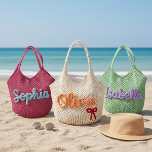 Sacs à main bohèmes d'été personnalisés avec logo, extra grands, brodés, sacs à main en crochet tissé à <span class=keywords><strong>la</strong></span> main pour femmes, sacs de plage en paille pour femmes - Product Image 1