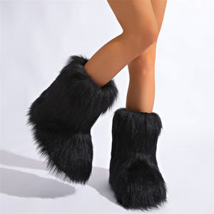Bottes en fausse fourrure pour femmes Bottes d'hiver moelleuses et chaudes pour la neige mi-<span class=keywords><strong>mollet</strong></span> Bottes de luxe en fourrure Chaussures plates confortables pour l'extérieur - Product Image 3