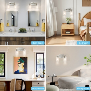 Lampade da bagno in nichel spazzolato, luce di vanità a 2 luci con applique da parete in vetro trasparente per camera da letto in corridoio - Product Image 5