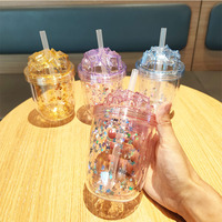 Gobelet personnalisé à large ouverture pour thé au lait, grande capacité, double paroi, pour couple, en plastique, avec paillettes, pour boissons froides