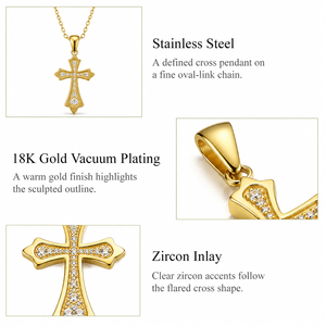 Collier pendentif croix en acier inoxydable avec incrustation de zircon, plaqué or 18 carats sous vide, option or, chaîne de 66 cm, tons or et argent - Product Image 2