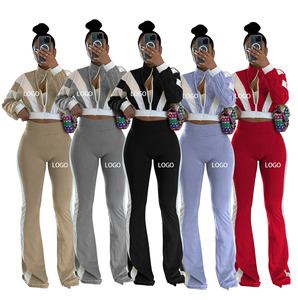 Conjunto de <span class=keywords><strong>Pantalones</strong></span> Acampanados de Corte Ajustado y Manga Larga para Mujer con Diseño de Bloques de Color y Cremallera, Logotipo Personalizado, Venta al por Mayor - Product Image 1