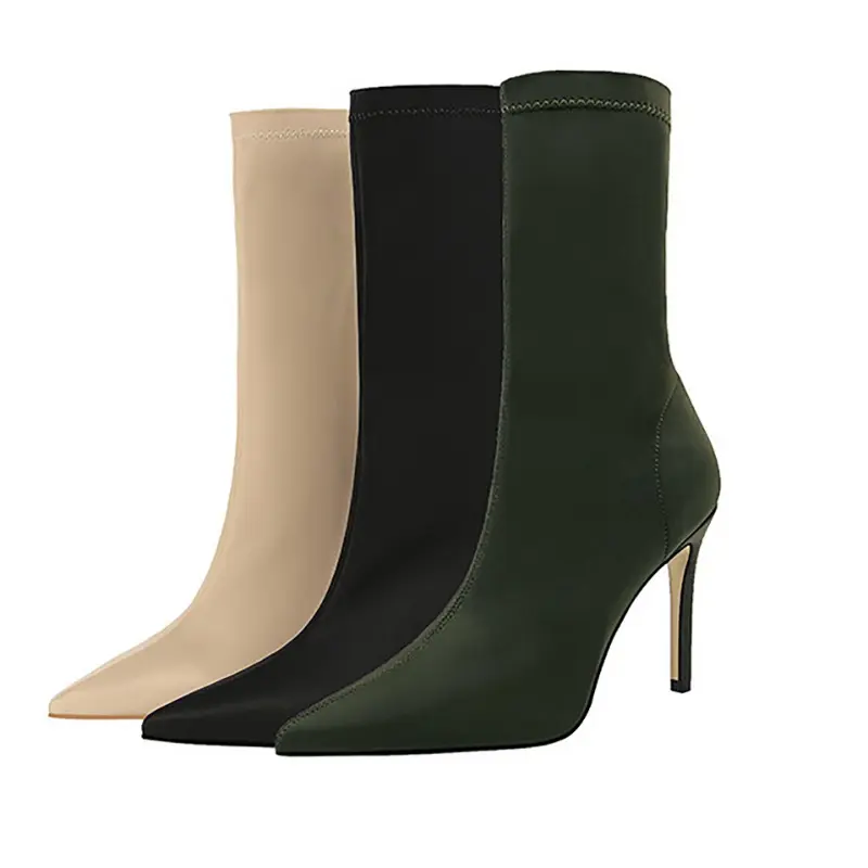 Hot Sale Sexy High Heeled Pointed Toe Stretch Stiletto Ankle Green Boots For Women