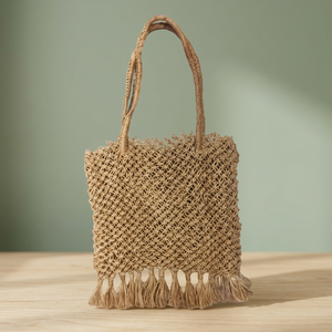 Handwoven Solid Color Jute Tote <b>Bag</b> with Open Closure Crochet <b>Net</b> Design and Tassel Handles for Beach Travel Shopping - Product Image 1
