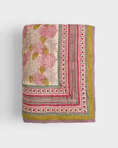 Pink Mustard Floral Cotton Quilt Sage <b>Green</b> Border Reversible Handmade Indian <b>Bedspread</b> Boho Botanical Bedding - Product Image 5