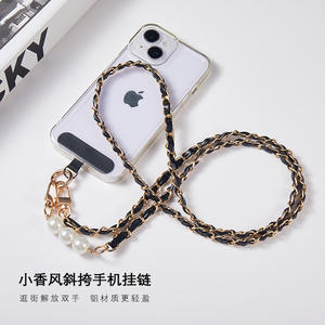 Sangle de poignet longue en perles anti-perte, en cuir PU tressé, chaîne métallique, étui de téléphone universel, cordon de téléphone portable - Product Image 2