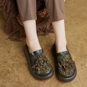 Zapatos Planos de Mujer 2026, Diseño Étnico Floral, Hechos a Mano, Punta Redonda, Plataforma con Tacón de Cuña, Cuero Vacuno Vintage - Product Image 1