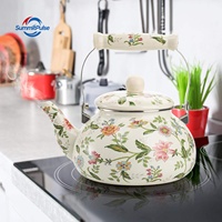 Bouilloire à thé vintage élégante en fonte émaillée à double paroi, motif floral vert, poignée en porcelaine à toucher froid, pour cuisinière domestique et cuisine
