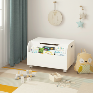 Baule Portaoggetti in Legno Bianco con 4 Ruote Universali, Coperchio Ribaltabile con Cerniera di Sicurezza, Organizzazione per Stanza dei Bambini, Modello AL1232 - Product Image 2