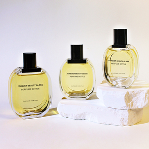 Flacon de parfum rond plat transparent rechargeable, écologique, populaire, 30ml 50ml 100ml, avec bouchon noir et emballage en boîte - Product Image 1