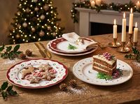 Service de table en céramique rouge Noël 2026 avec motifs sur le thème de Noël et assiettes de présentation à bord doré pour fêtes, banquets, et la maison