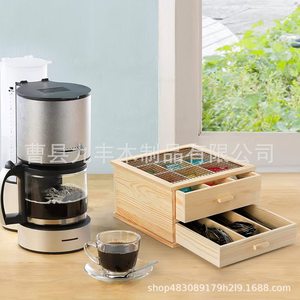Boîte de rangement pour thé et café en bois massif, organisateur à tiroirs multi-compartiments pour sachets de thé, dosettes de café, utilisation dans le salon - Product Image 2