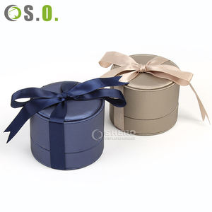 Caja de Joyería de Papel y Cuero de Alta Calidad Azul Dorado para Regalo de Boda, Personalizada, con Lazo - Product Image 1